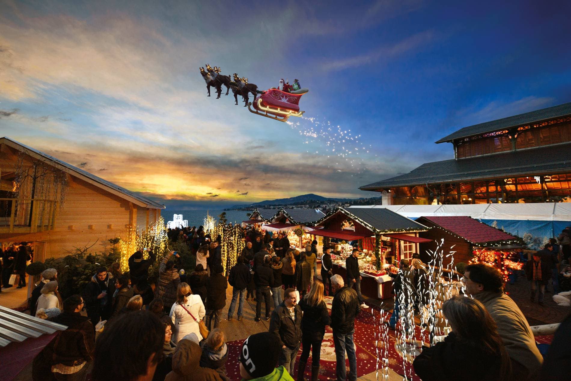 Suisse - Le Père Noël survolant le lac Léman à Montreux